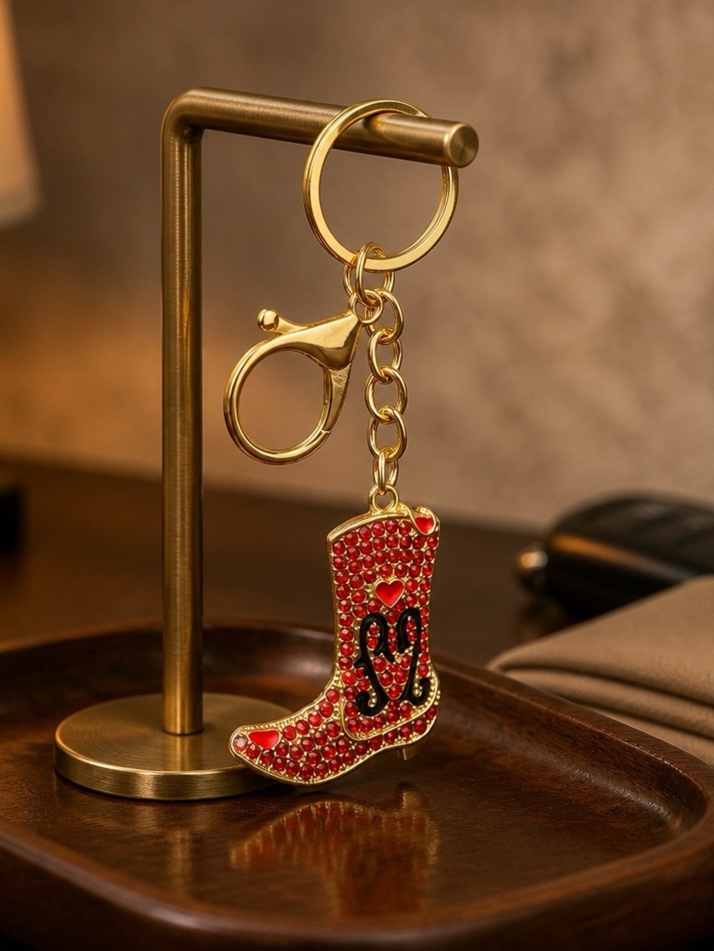 Mint Gold-Tone Red Jeweled Cowboy Boot Keyring
